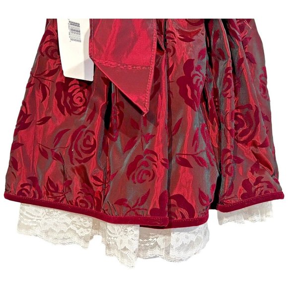 New Bonnie Jean Girls Velvet Dress Burgundy Taffeta Size 5 Lace Bow Holiday VTG - Picture 9 of 10